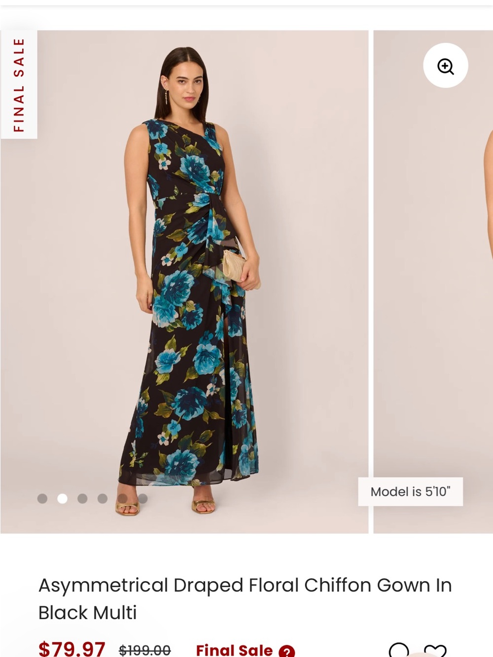 Adrianna Papell Black Floral Asymmetrical Chiffon Gown with Teal Blue Blossoms